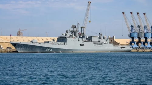 Russian Navy frigate RFS Admiral Grigorovich (494), anchored in Port Sudan, February 2021. | Agence France-Presse.