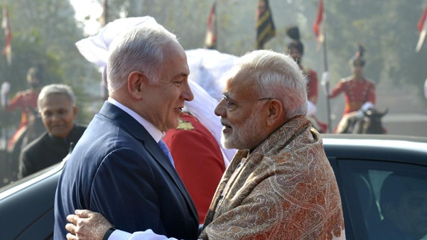 Indian Prime Minister Narendra Modi greets Israeli Prime Minister Benjamin Netanyahu at the Presidential Palace in New Delhi on January 15, 2018. | The Hindu.