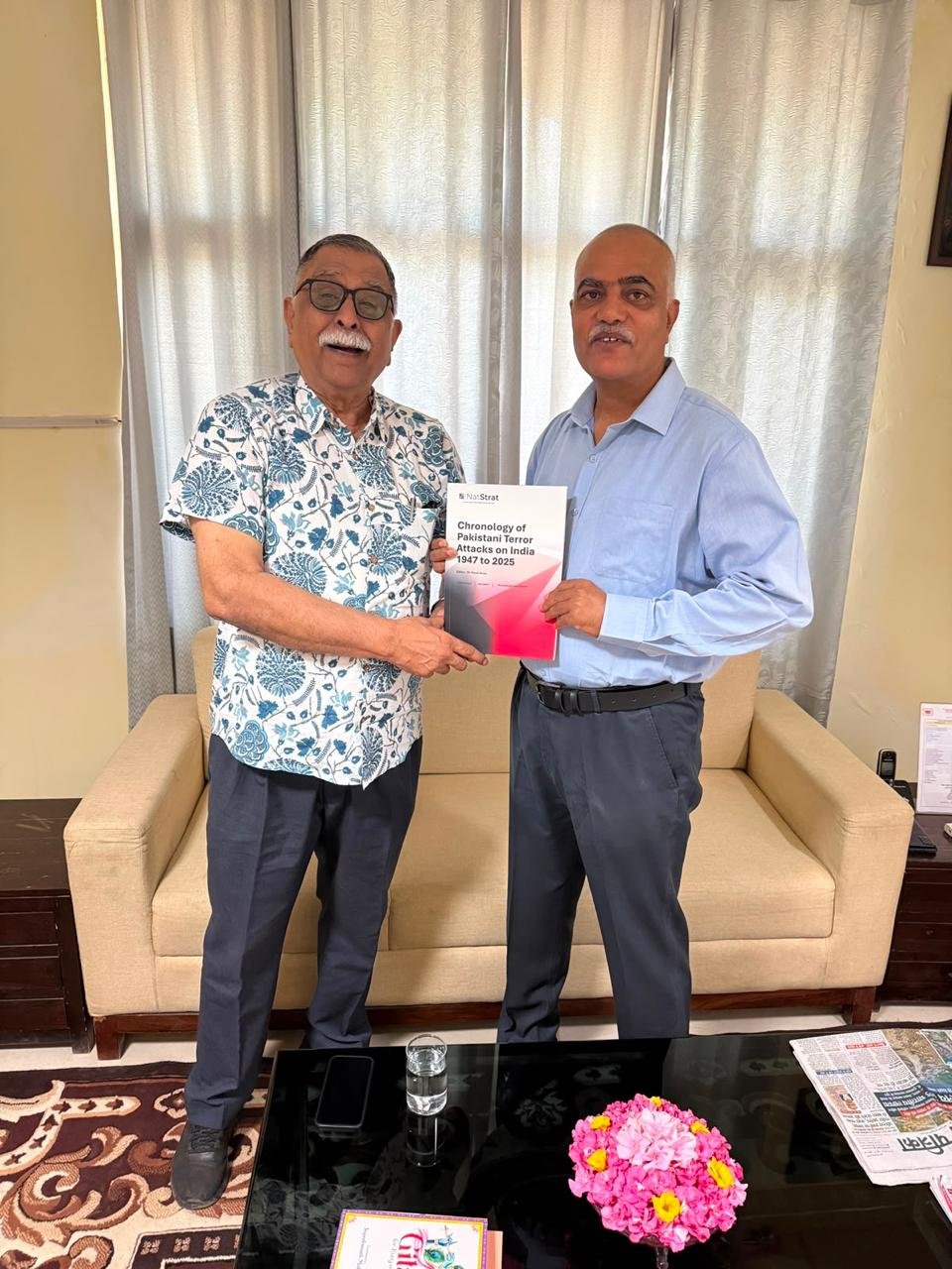 In August 2026, Dr. Shantanu Mukharji, Adviser, NatStrat, presented NatStrat&rsquo;s publication, Chronology of Pakistani Terror Attacks on India, to Shri Neeraj Sharma, Senior Commandant, BSF, posted at Jaisalmer, and briefed him on NatStrat&rsquo;s work and research.