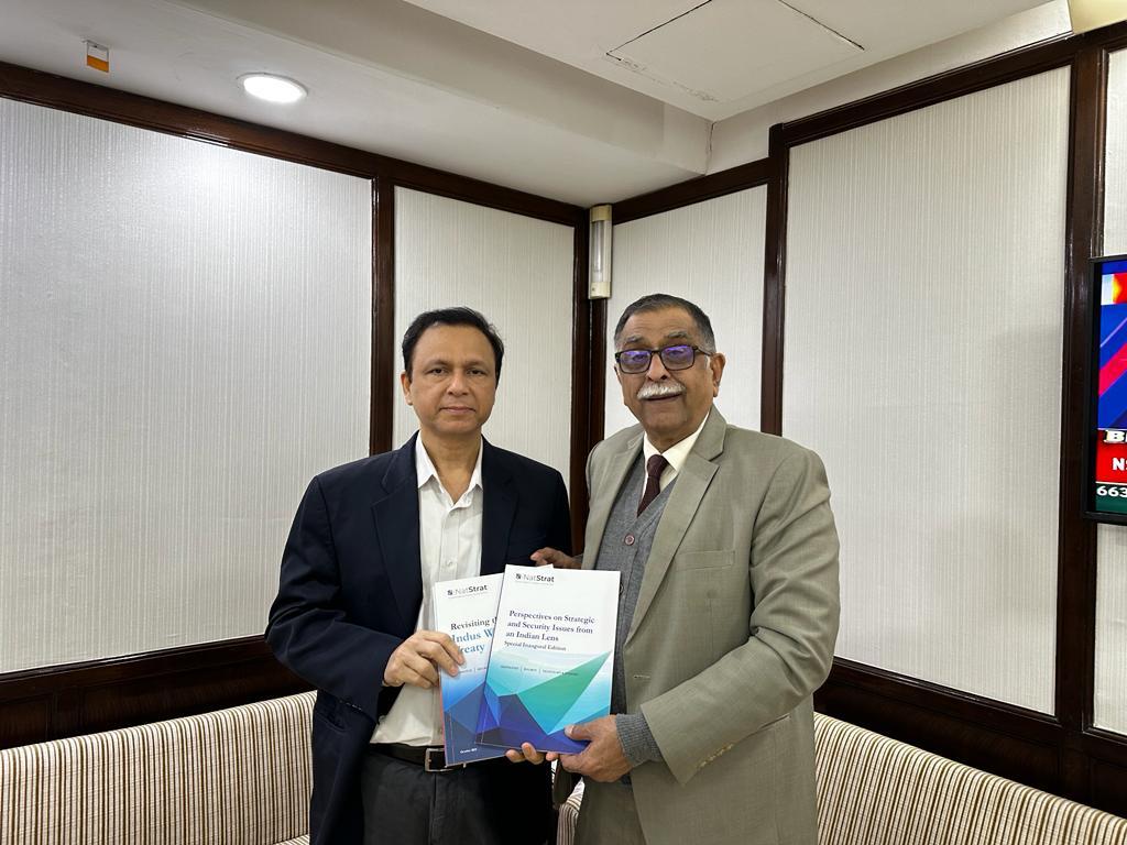 Shantanu Mukharji, Adviser NatStrat, presenting NatStrat  publications to Shri AK Sarin, Executive Director, Indian Oil, after an online talk to 2,000 Indian Oil officials and personnel on neighborhood security.