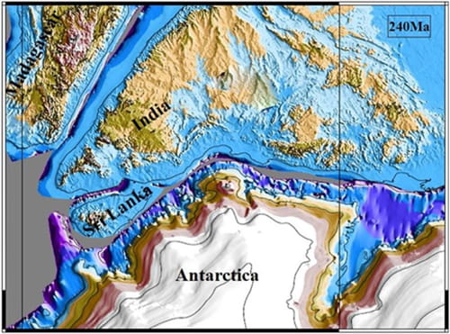 The Paleo‐fit reconstruction of India, Sri Lanka and Antarctica (at ca. 240 Ma) in the Gondwana supercontinent. | Journal of Geophysical Research: Solid Earth